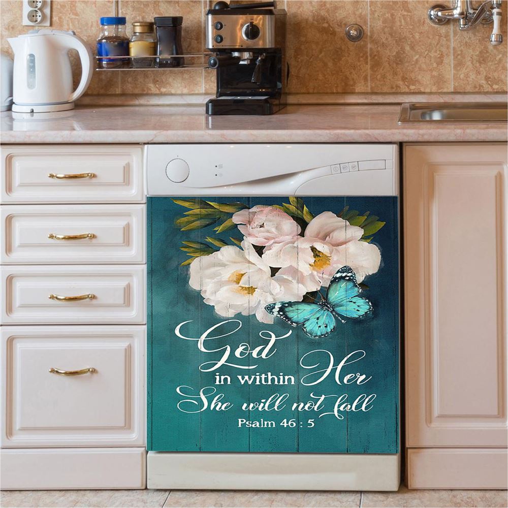 God In Within Her She Will Not Fall Beautiful Flower Butterfly Dishwasher Cover, Bible Verse Dishwasher Stickers, Christian Kitchen Decor
