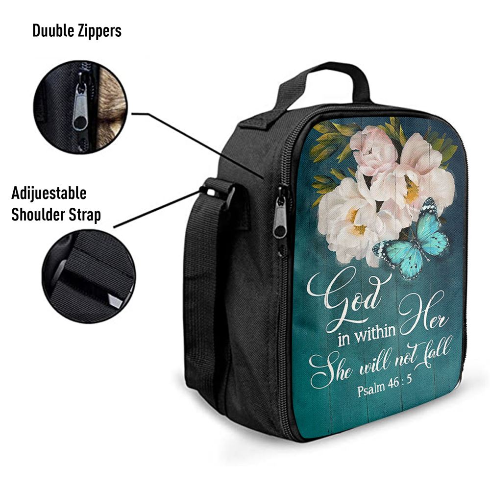 God In Within Her She Will Not Fall Beautiful Flower Butterfly Lunch Bag, Christian Lunch Bag, Religious Lunch Box For School, Picnic