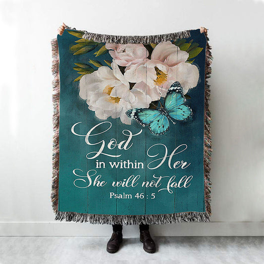 God In Within Her She Will Not Fall Beautiful Flower Butterfly Woven Throw Blanket - Bible Verse Woven Blanket Art - Christian Home Decor