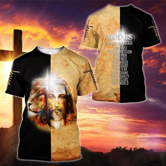 God Is Bigger Than Jesus And Lion Jesus All Over Print 3D T-Shirt, Gift For Christian, Jesus Shirt