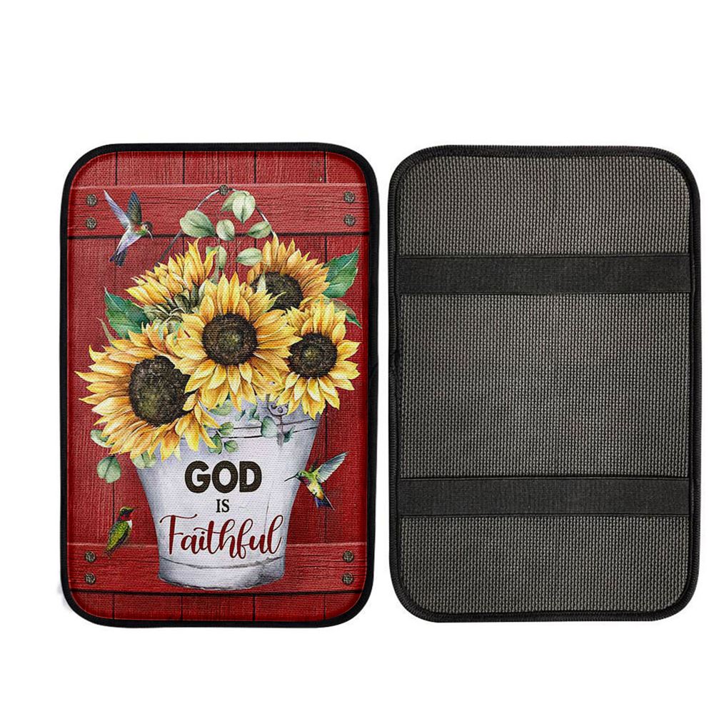 God Is Faithful Sunflower Hummingbird Car Center Console Cover, Christian Car Accessories