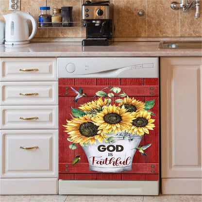 God Is Faithful Sunflower Hummingbird Dishwasher Cover, Bible Verse Dishwasher Stickers, Inspirational Kitchen Decor