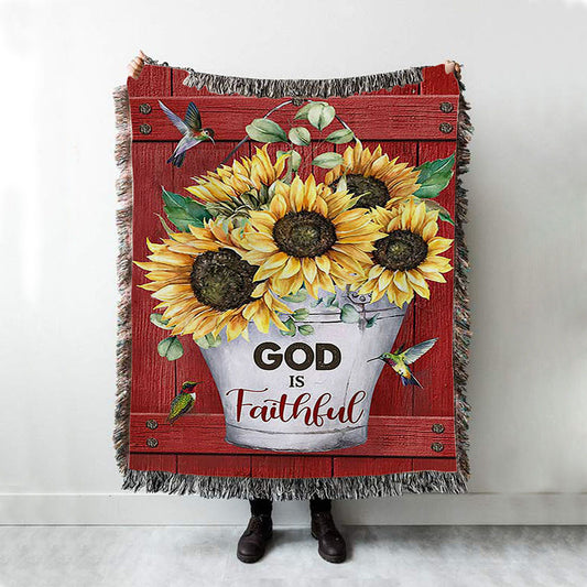 God Is Faithful Sunflower Hummingbird Woven Throw Blanket - Bible Verse Woven Blanket Art - Inspirational Art - Christian Home Decor