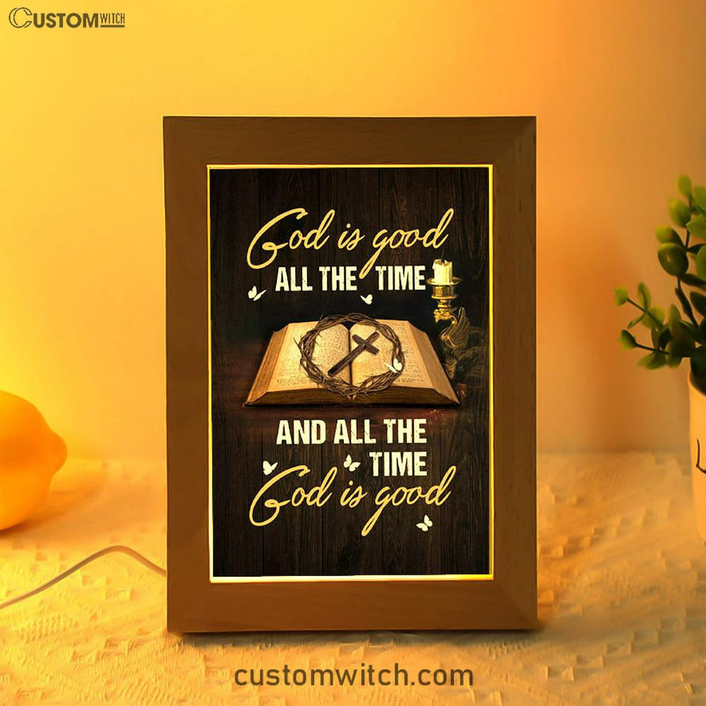 God Is Good All The Time Bible Crown Of Thorn Cross Frame Lamp Art - Christian Night Light - Bible Verse Wooden Lamp