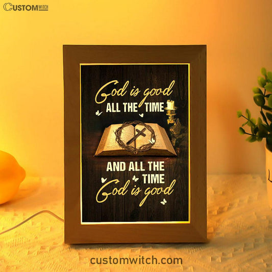 God Is Good All The Time Bible Crown Of Thorn Cross Frame Lamp Art - Christian Night Light - Bible Verse Wooden Lamp