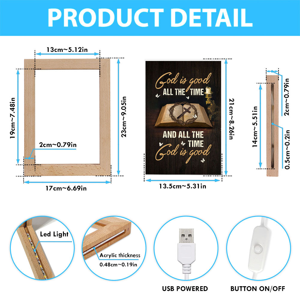 God Is Good All The Time Bible Crown Of Thorn Cross Frame Lamp Art - Christian Night Light - Bible Verse Wooden Lamp