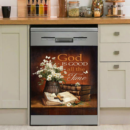 God Is Good All The Time Bible Daisy Vase Vintage White Butterfly Dishwasher Cover, Christian Dishwasher Stickers, Bible Verse Kitchen Decor