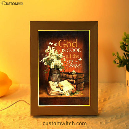 God Is Good All The Time Bible Daisy Vase Vintage White Butterfly Frame Lamp Art - Christian Night Light - Bible Verse Wooden Lamp