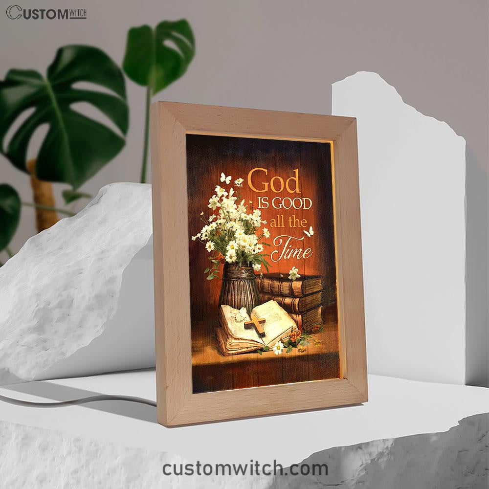 God Is Good All The Time Bible Daisy Vase Vintage White Butterfly Frame Lamp Art - Christian Night Light - Bible Verse Wooden Lamp