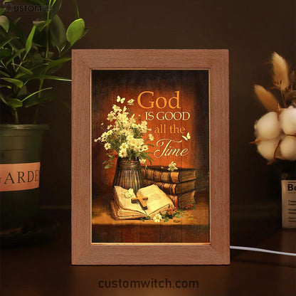 God Is Good All The Time Bible Daisy Vase Vintage White Butterfly Frame Lamp Art - Christian Night Light - Bible Verse Wooden Lamp