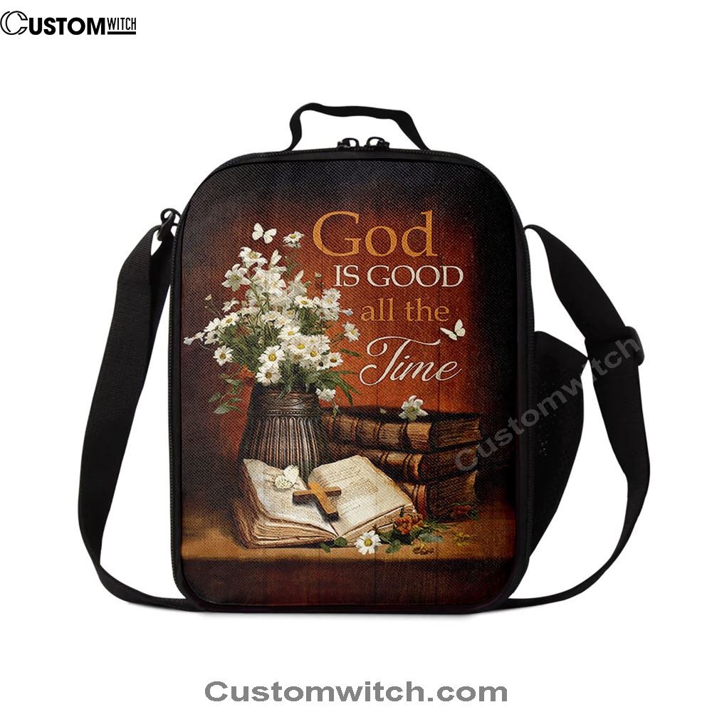 God Is Good All The Time Bible Daisy Vase Vintage White Butterfly Lunch Bag, Christian Lunch Bag, Religious Lunch Box For School, Picnic
