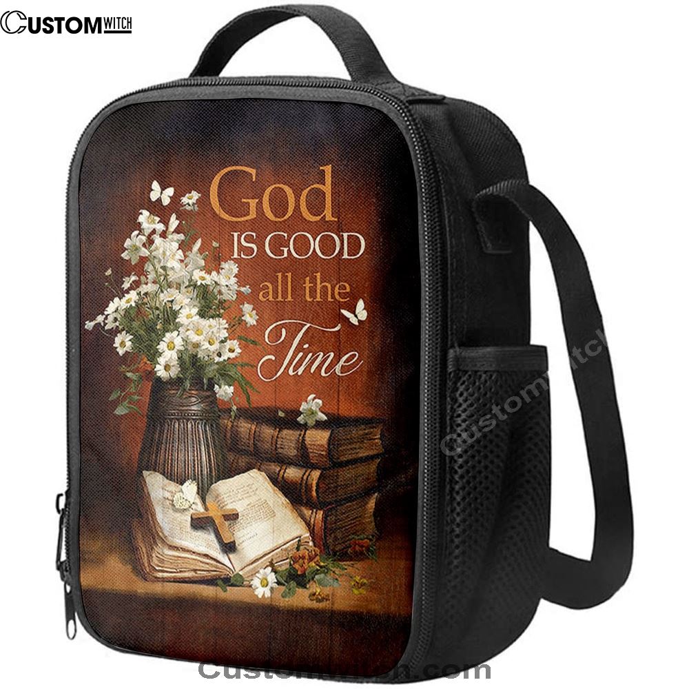 God Is Good All The Time Bible Daisy Vase Vintage White Butterfly Lunch Bag, Christian Lunch Bag, Religious Lunch Box For School, Picnic