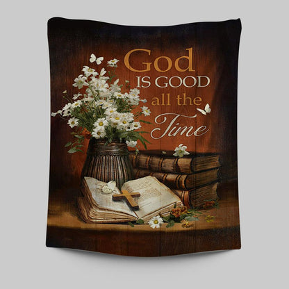 God Is Good All The Time Bible Daisy Vase Vintage White Butterfly Tapestry Wall Art - Christian Tapestries Prints - Bible Verse Tapestry Art