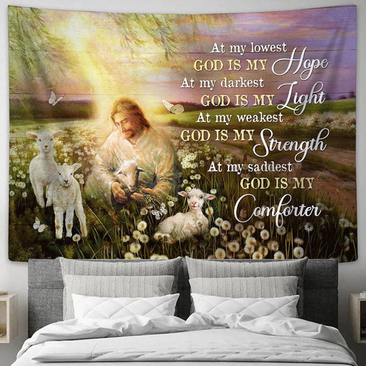 God Is My Hope Tapestry - Jesus White Lamb Dandelion Field Tapestry Prints - Religious Tapestry Art - Christian Home Decor