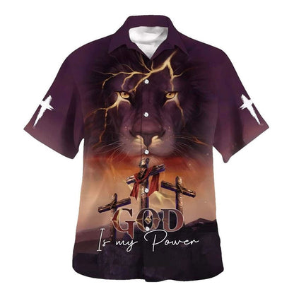 God Is My Power Lion Three Cross Christian Hawaiian Shirt For Men, Christian Hawaiian Shirt, Gift For Christian