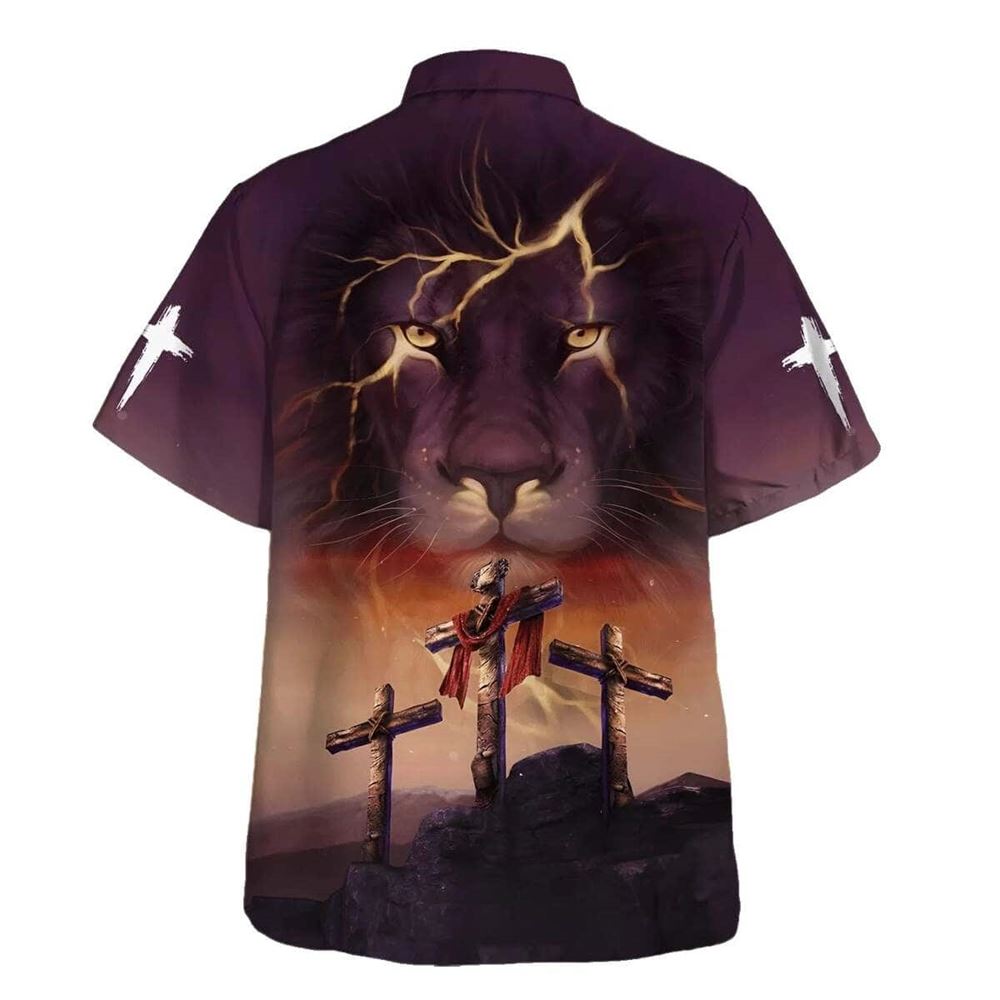 God Is My Power Lion Three Cross Christian Hawaiian Shirt For Men, Christian Hawaiian Shirt, Gift For Christian