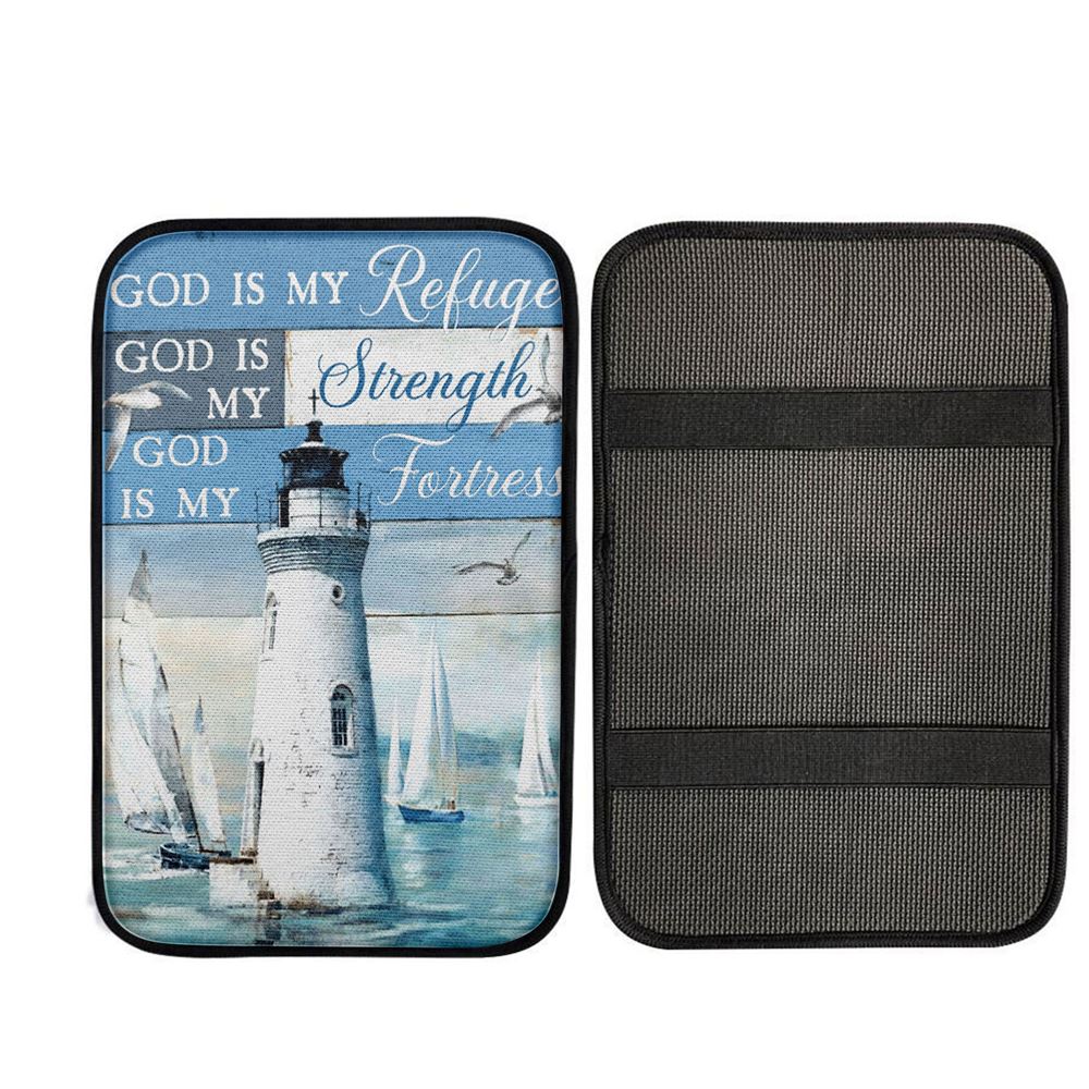 God Is My Refuge God Is My Strength God Is My Fortress Lighthouse Car Center Console Cover, Christian Car Accessories
