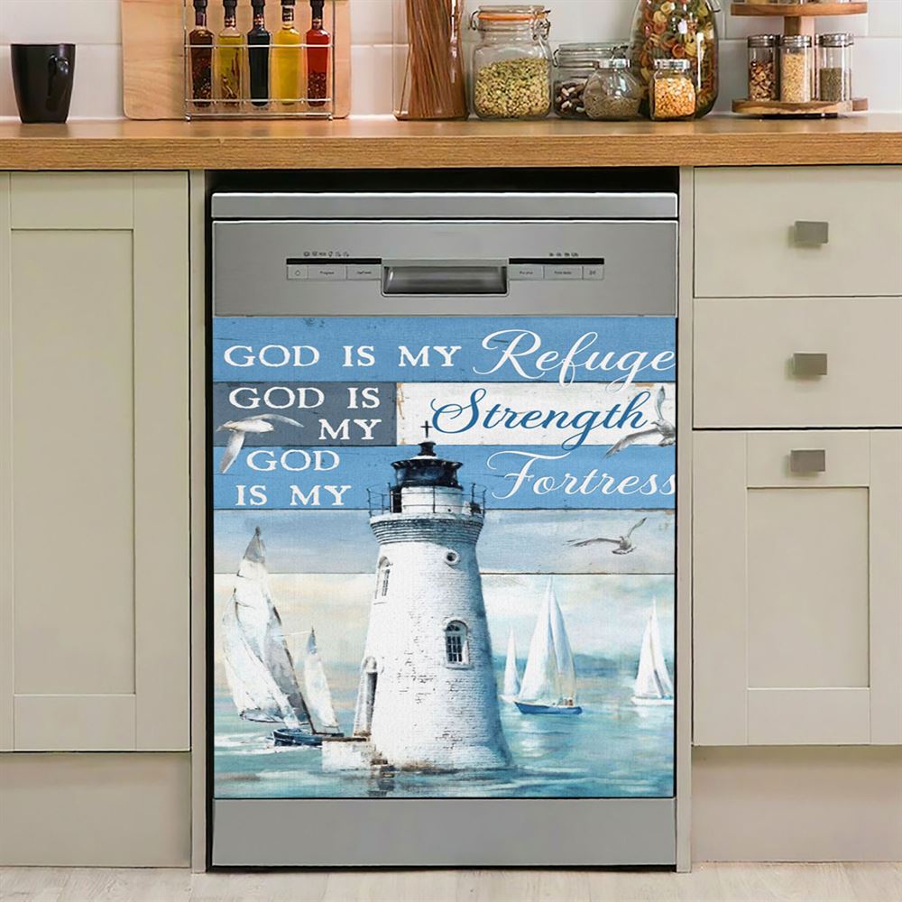 God Is My Refuge God Is My Strength God Is My Fortress Lighthouse Dishwasher Cover, Christian Dishwasher Stickers, Religious Kitchen Decor
