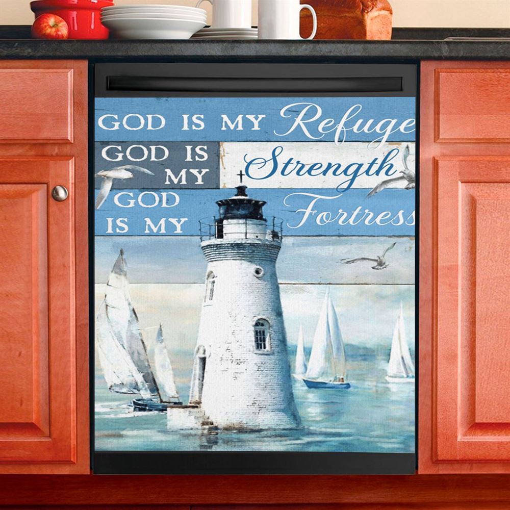 God Is My Refuge God Is My Strength God Is My Fortress Lighthouse Dishwasher Cover, Christian Dishwasher Stickers, Religious Kitchen Decor
