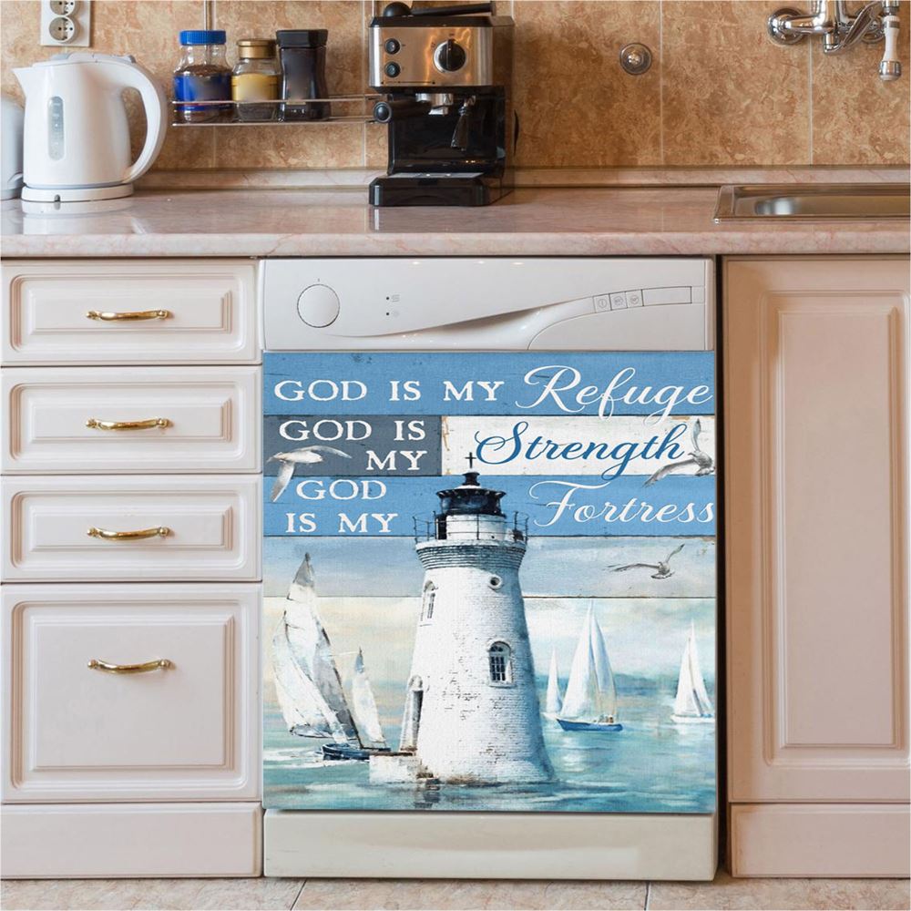 God Is My Refuge God Is My Strength God Is My Fortress Lighthouse Dishwasher Cover, Christian Dishwasher Stickers, Religious Kitchen Decor