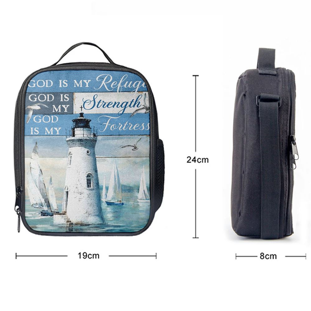 God Is My Refuge God Is My Strength God Is My Fortress Lighthouse Lunch Bag, Christian Lunch Bag, Religious Lunch Box For School, Picnic