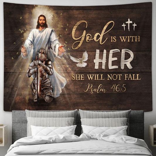 God Is With Her Tapestry - Jesus And Warrior Dove Tapestry Prints - Religious Tapestry Art - Christian Home Decor