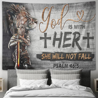 God Is With Her Tapestry - Woman Warrior And Lion Of Judah Tapestry Art - Christian Wall Art - Religious Wall Decor