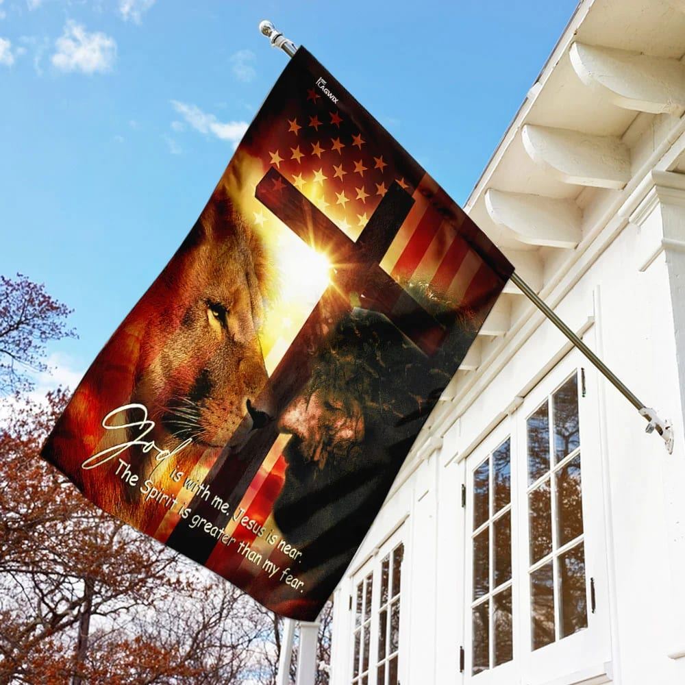 God Is With Me Jesus Is Near American House Flags, Christian Flag, Scripture Flag, Garden Banner