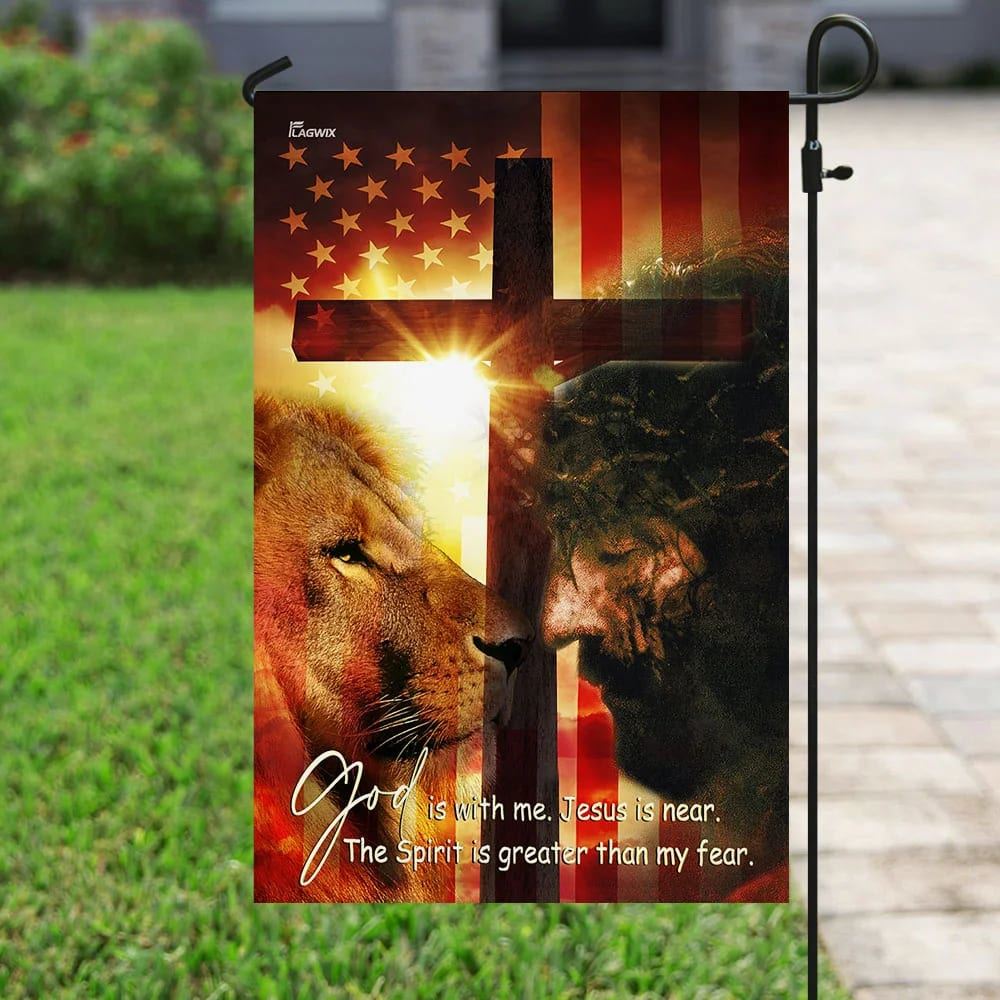 God Is With Me Jesus Is Near American House Flags, Christian Flag, Scripture Flag, Garden Banner