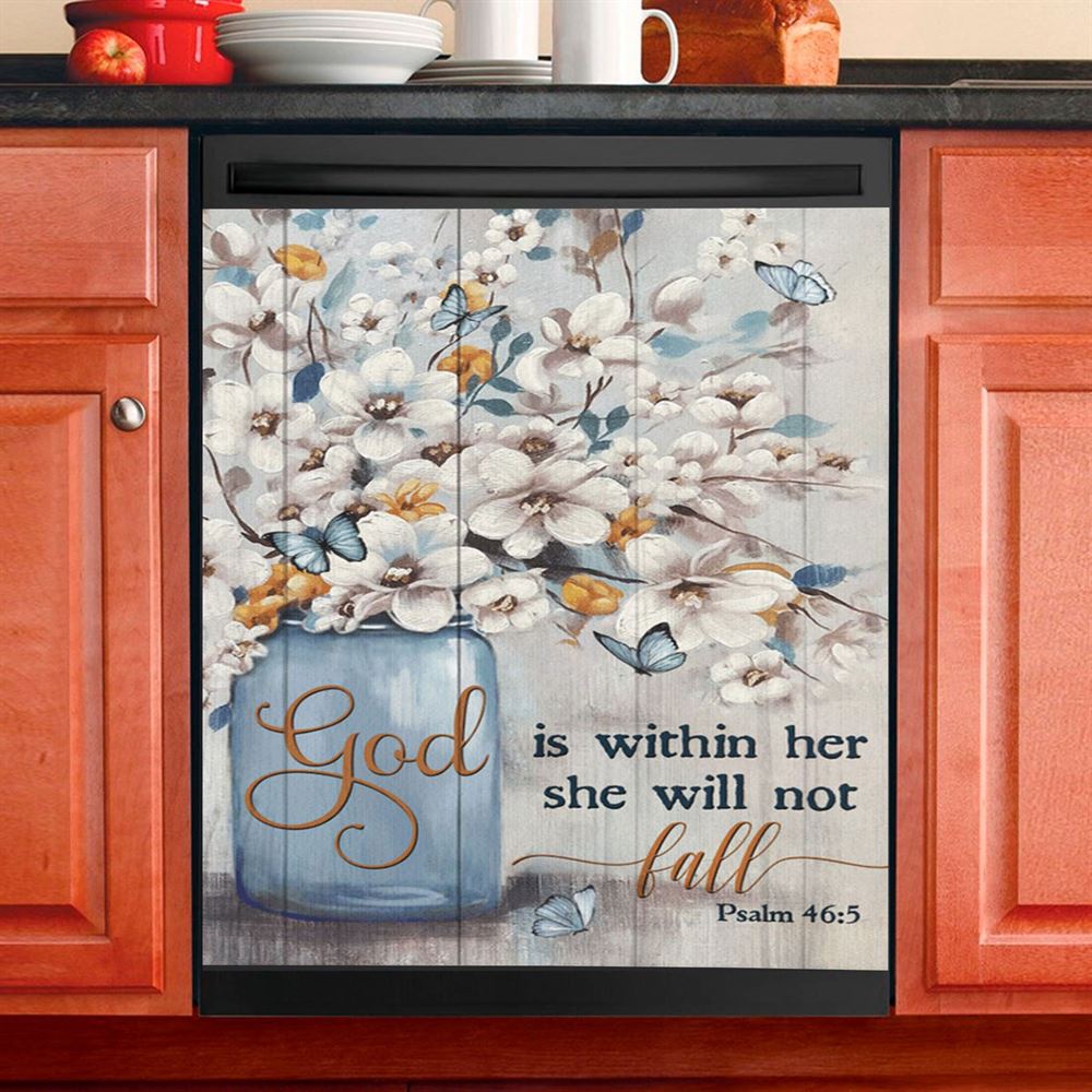 God Is Within Her Jasmine Flower Blue Vase Butterfly Dishwasher Cover, Christian Dishwasher Stickers, Religious Kitchen Decor