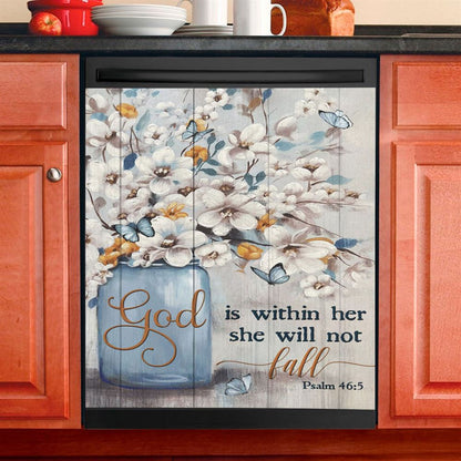 God Is Within Her Jasmine Flower Blue Vase Butterfly Dishwasher Cover, Christian Dishwasher Stickers, Religious Kitchen Decor