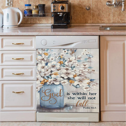 God Is Within Her Jasmine Flower Blue Vase Butterfly Dishwasher Cover, Christian Dishwasher Stickers, Religious Kitchen Decor