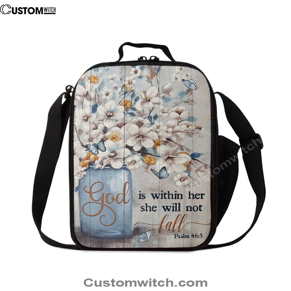 God Is Within Her Jasmine Flower Blue Vase Butterfly Lunch Bag, Christian Lunch Bag, Religious Lunch Box For School, Picnic