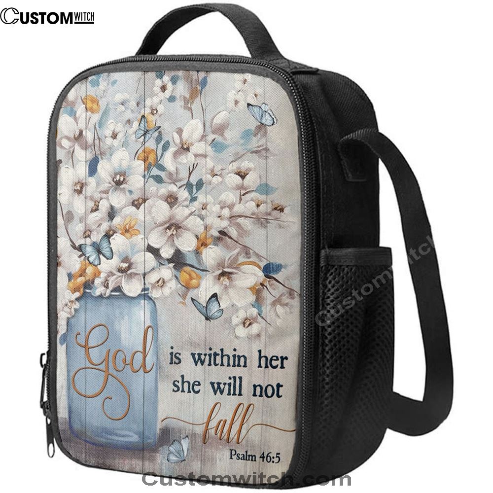 God Is Within Her Jasmine Flower Blue Vase Butterfly Lunch Bag, Christian Lunch Bag, Religious Lunch Box For School, Picnic