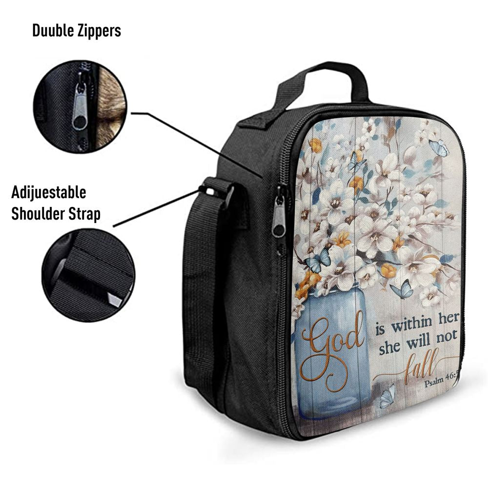 God Is Within Her Jasmine Flower Blue Vase Butterfly Lunch Bag, Christian Lunch Bag, Religious Lunch Box For School, Picnic