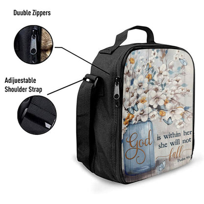 God Is Within Her Jasmine Flower Blue Vase Butterfly Lunch Bag, Christian Lunch Bag, Religious Lunch Box For School, Picnic