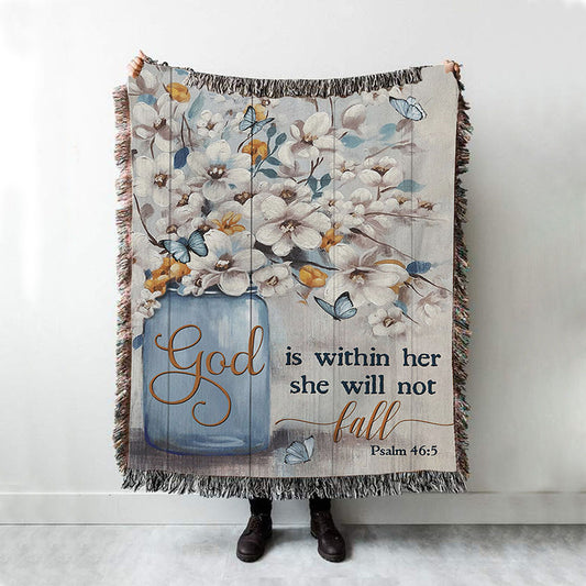 God Is Within Her Jasmine Flower Blue Vase Butterfly Woven Throw Blanket - Christian Throw Blanket Decor - Religious Woven Blanket Prints