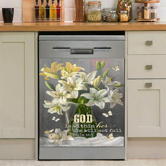 God Is Within Her Lily Flower Dishwasher Cover, Bible Verse Dishwasher Stickers, Christian Inspirational Kitchen Decor