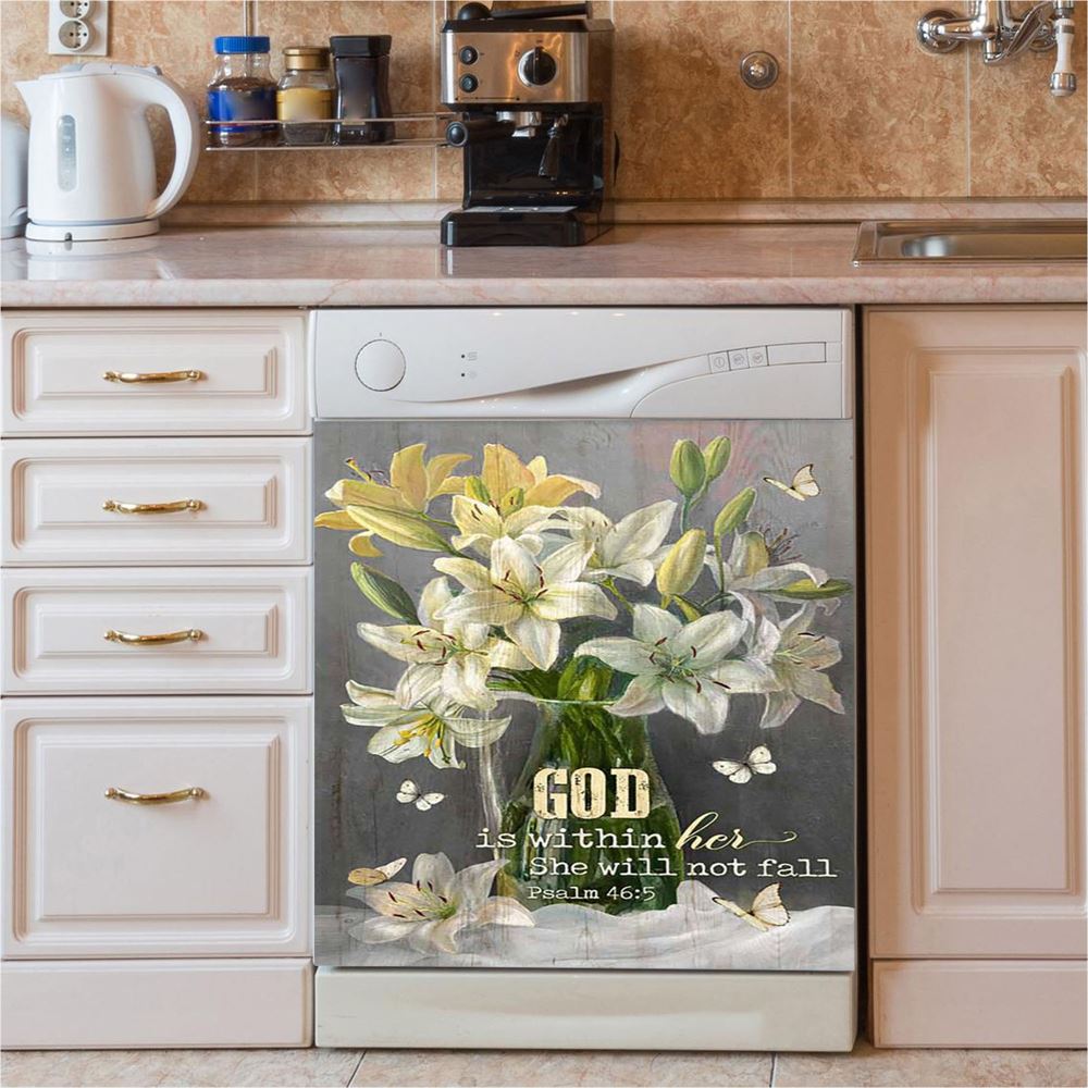God Is Within Her Lily Flower Dishwasher Cover, Bible Verse Dishwasher Stickers, Christian Inspirational Kitchen Decor