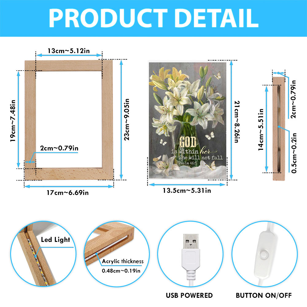 God Is Within Her Lily Flower Frame Lamp Art - Bible Verse Art - Christian Inspirational Decor