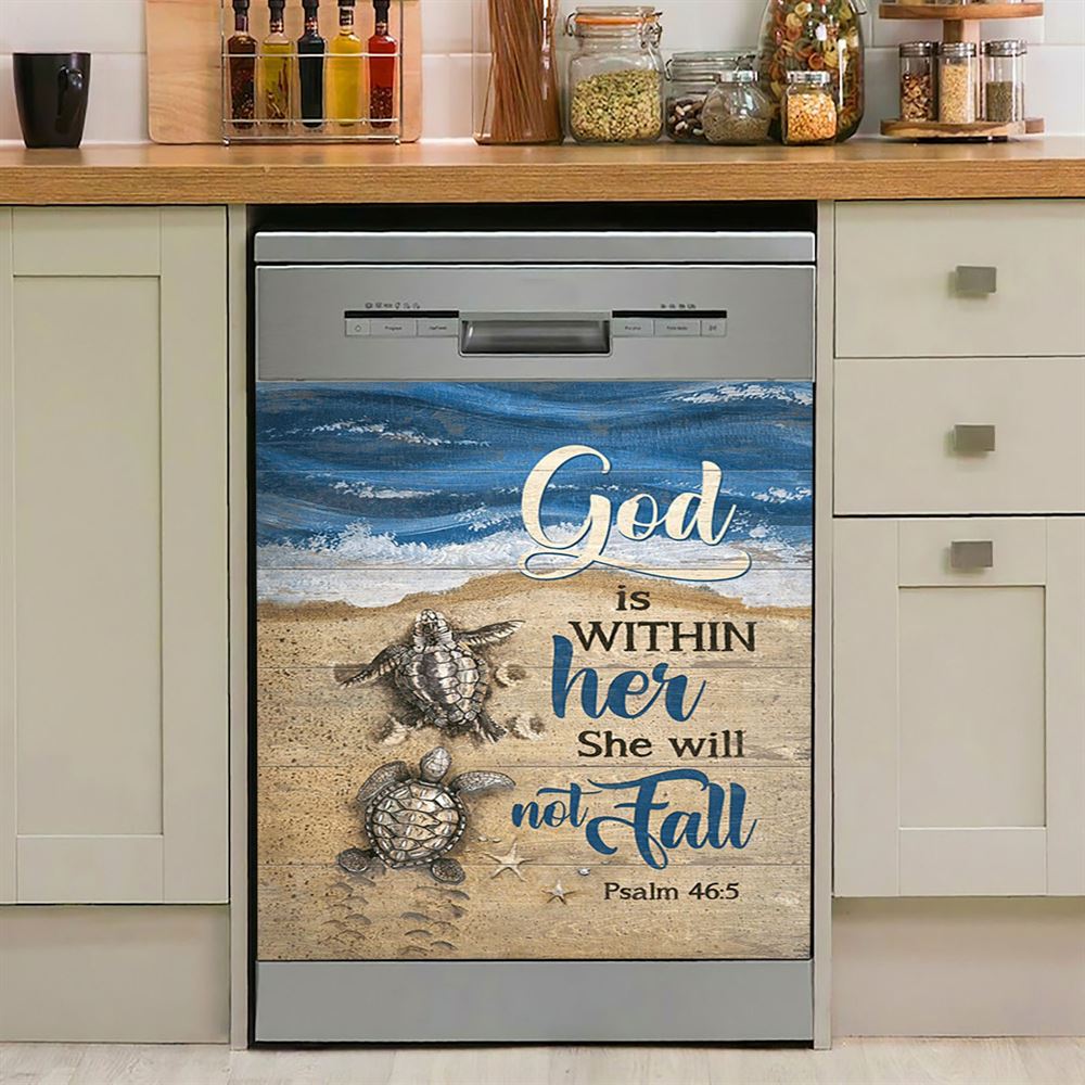 God Is Within Her Sand Beach Sea Turtle Dishwasher Cover, Christian Dishwasher Stickers, Bible Verse Kitchen Decor
