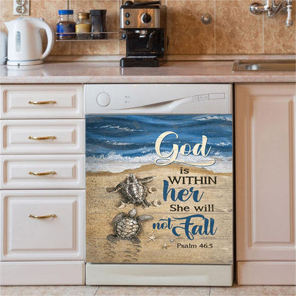 God Is Within Her Sand Beach Sea Turtle Dishwasher Cover, Christian Dishwasher Stickers, Bible Verse Kitchen Decor