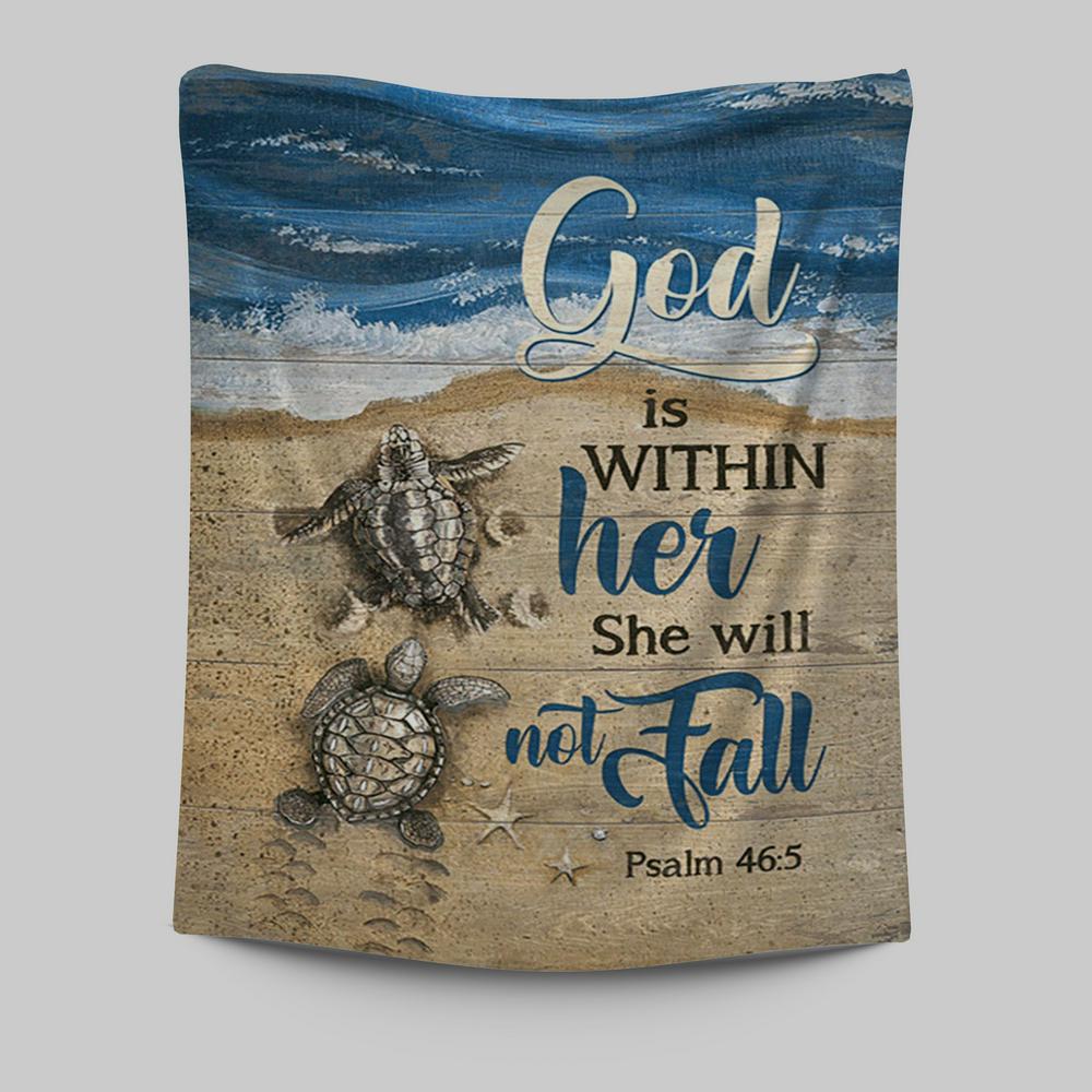 God Is Within Her Sand Beach Sea Turtle Tapestry Wall Art - Christian Tapestries Prints - Bible Verse Tapestry Art