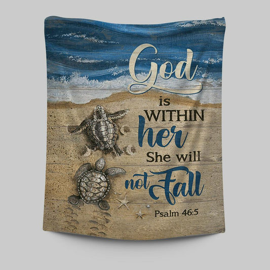 God Is Within Her Sand Beach Sea Turtle Tapestry Wall Art - Christian Tapestries Prints - Bible Verse Tapestry Art