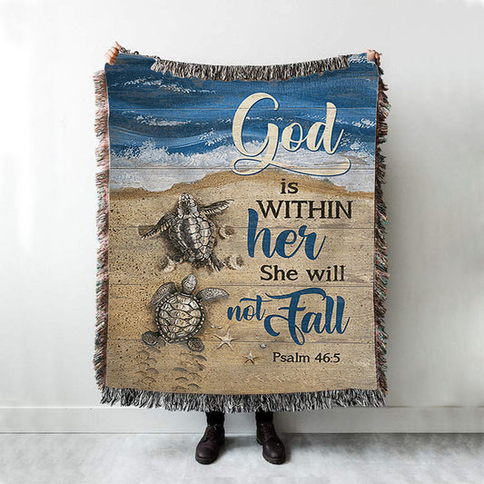 God Is Within Her Sand Beach Sea Turtle Woven Throw Blanket - Christian Woven Blanket Prints - Bible Verse Woven Blanket Art