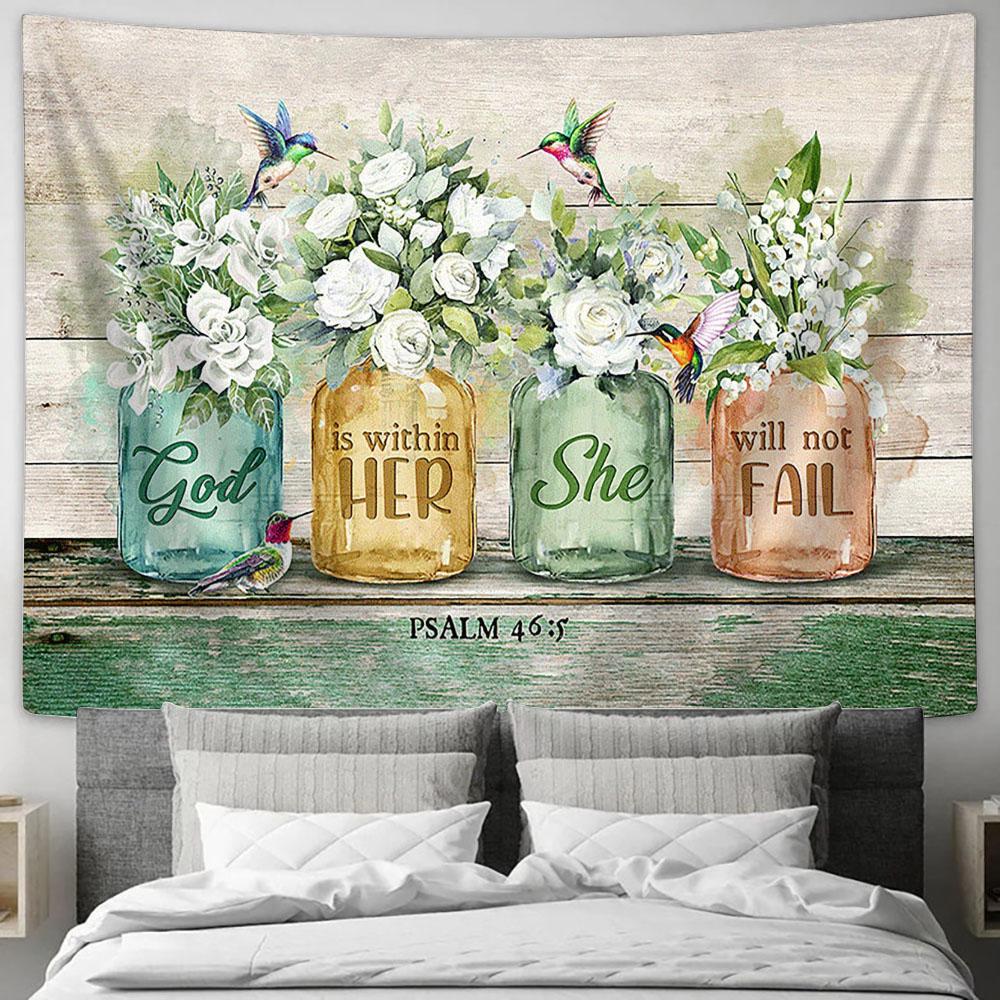 God Is Within Her, She Will Not Fail Hummingbird, Gorgeous Flower Wall Art Tapestry - Christian Wall Art - Religious Art