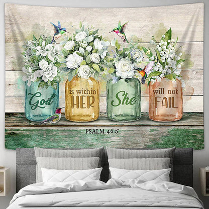 God Is Within Her, She Will Not Fail Hummingbird, Gorgeous Flower Wall Art Tapestry - Christian Wall Art - Religious Art