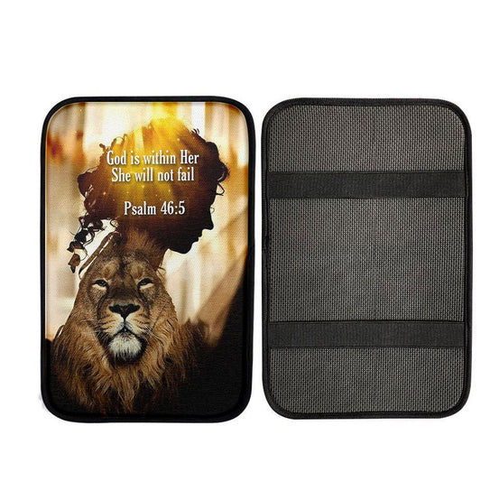 God Is Within Her She Will Not Fail Lion Car Center Console Cover - Lion Car Center Console Cover, Christian Car Accessories