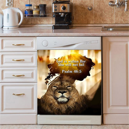 God Is Within Her She Will Not Fail Lion Dishwasher Cover, Lion Dishwasher Stickers, Christian Inspirational Kitchen Decor
