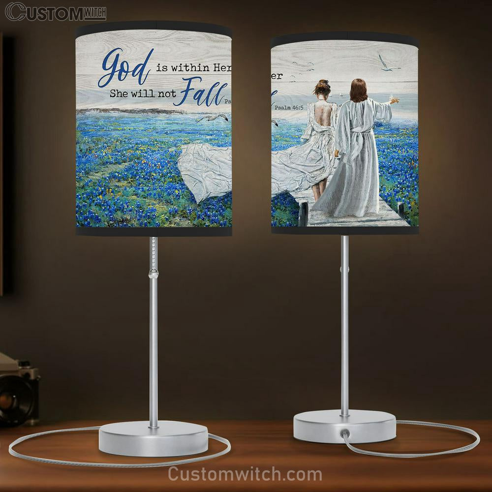 God Is Within Her, She Will Not Fall Table Lamb - Blue Flower Field, Walking With Jesus Lamb Gift Table Lamb - Christian Lamb Gift - Religious Art